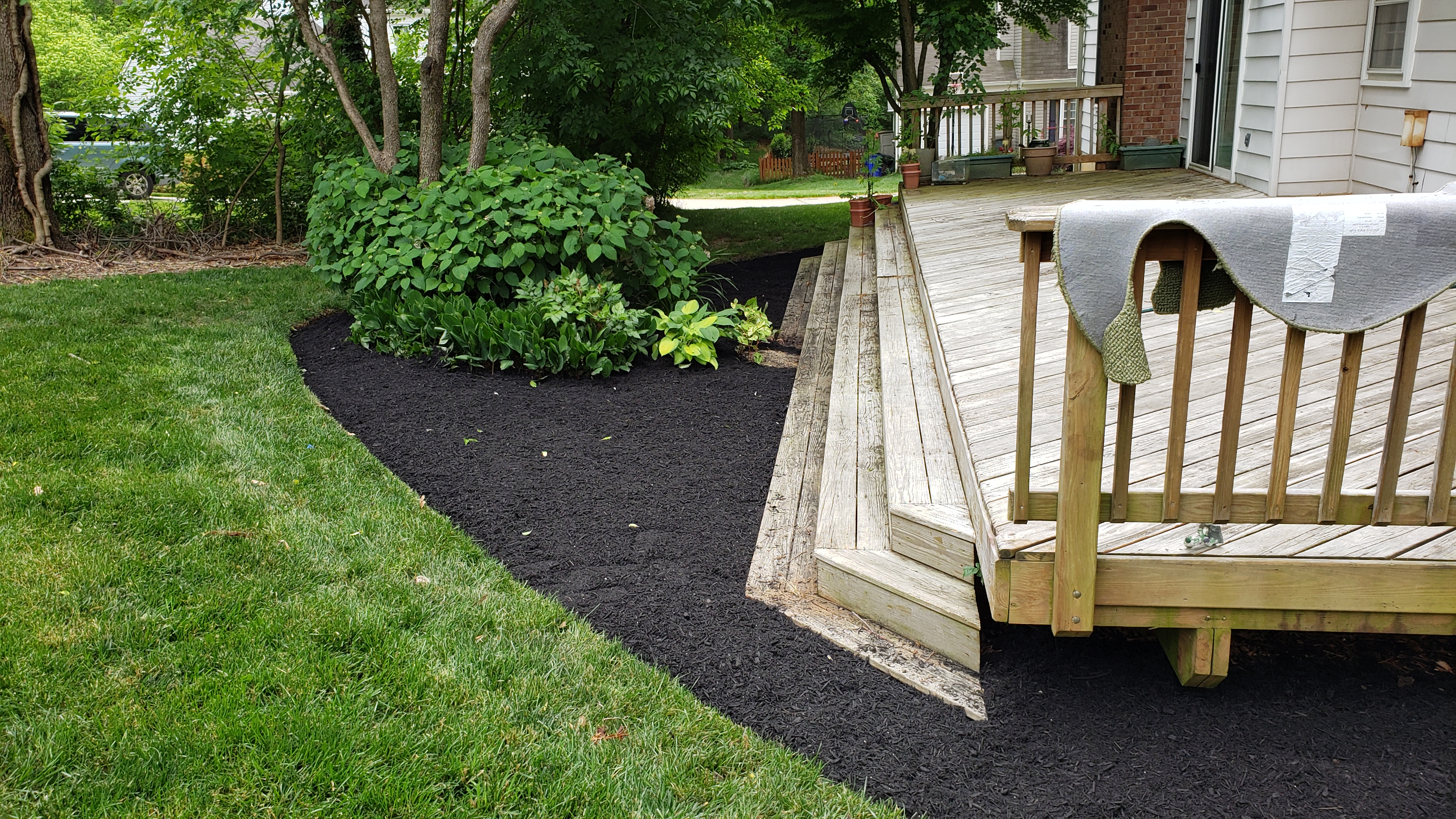 Freshly mulched backyard near deck