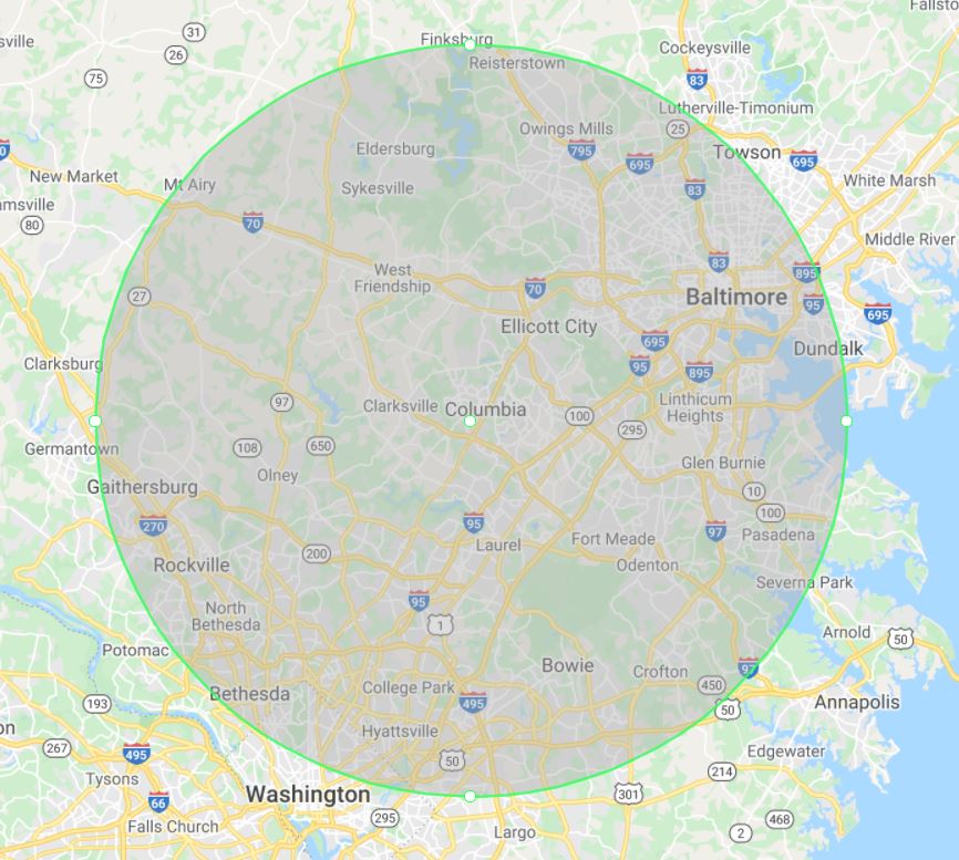 25 Mile radius map of Columbia, Maryland